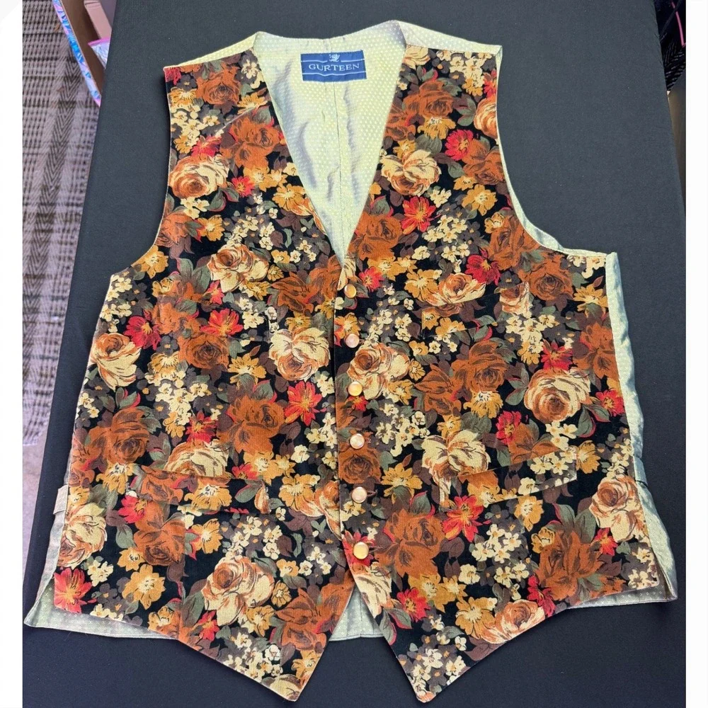 Gurteen Vintage Floral Vest L Brown Cotton Waistcoat Cottagecore Boho SEO Luxe